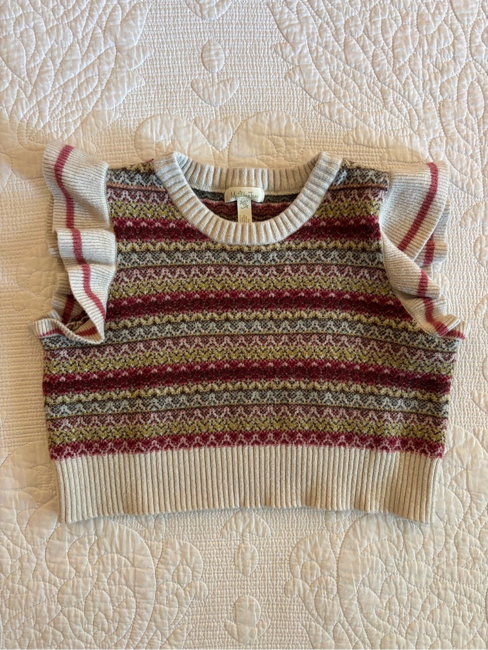 Matilda Jane Cream Fair Isle Ruffle Sleeve Knit Top with Berry and Olive Stripes